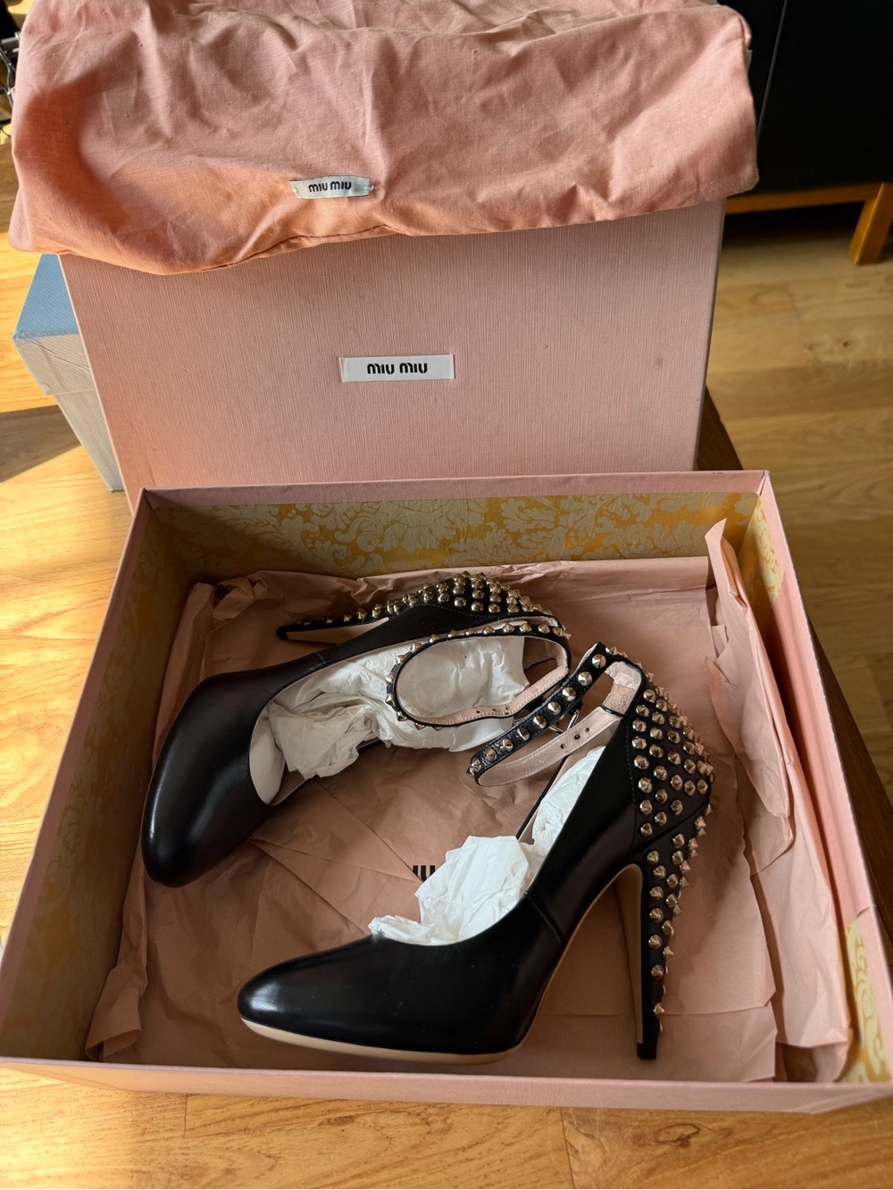 Miu Miu Black Leather Pointed-Toe Studded Ankle-Strap Heels